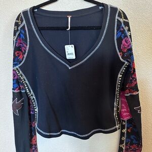 Free People Black and Blue Graphic Crop Blouse